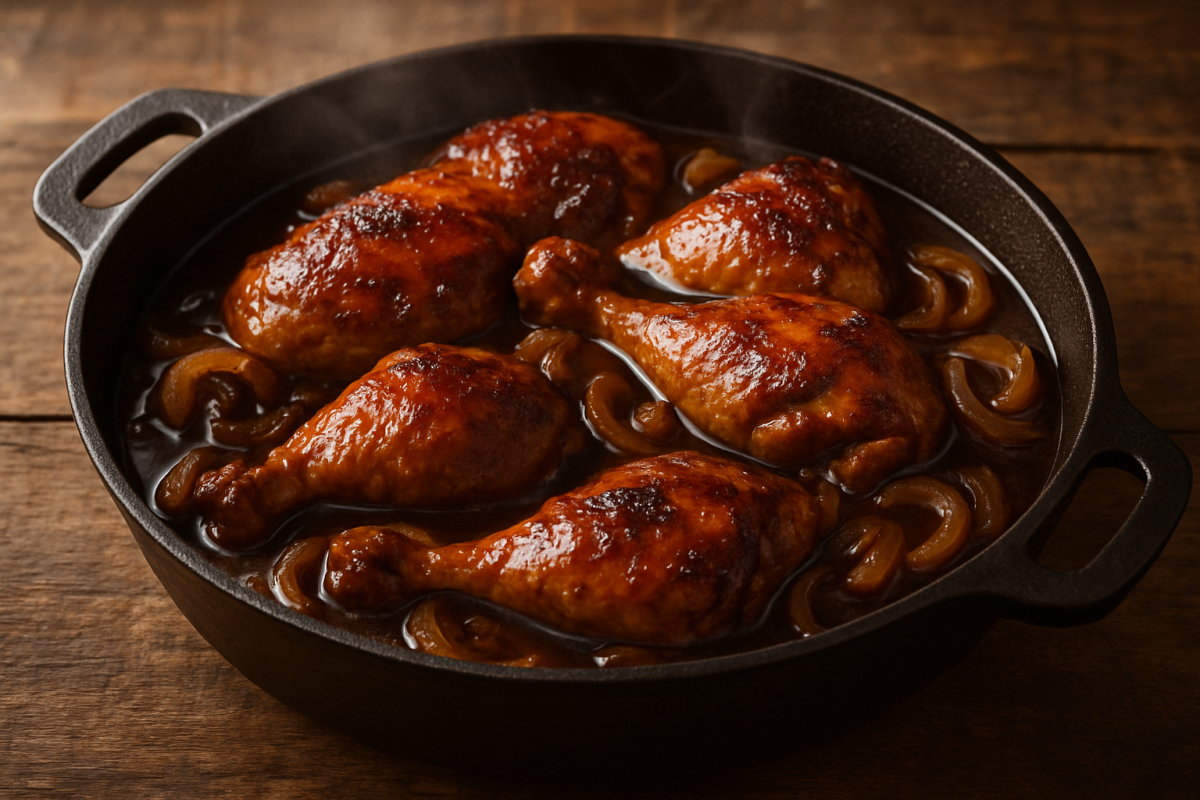 frango na cerveja preta com molho escuro e brilhante em panela de ferro fundida