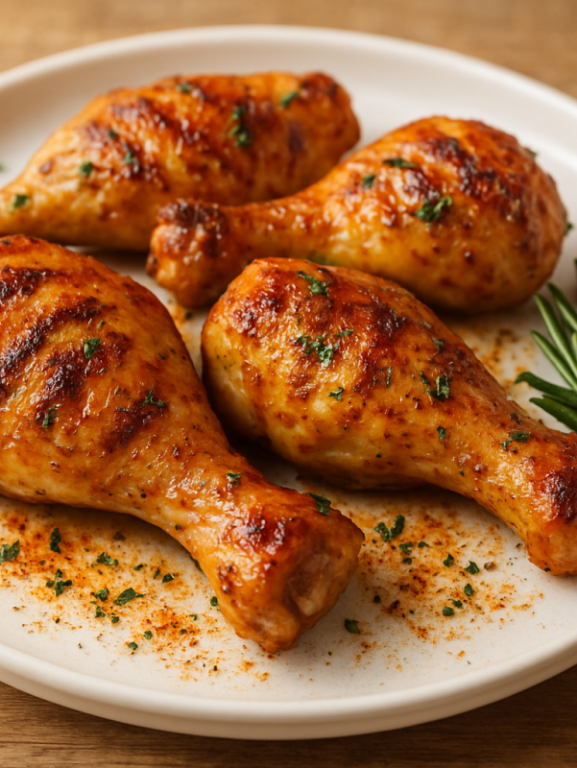 frango sem açúcar para almoço: coxas assadas douradas com ervas e páprica em prato branco