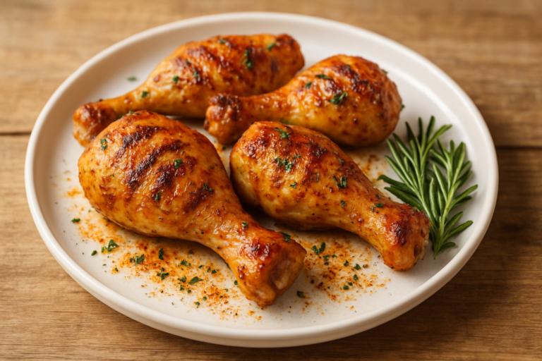 frango sem açúcar para almoço: coxas assadas douradas com ervas e páprica em prato branco