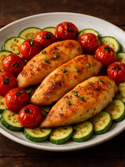 frango sem açúcar para jantar com legumes assados em prato branco