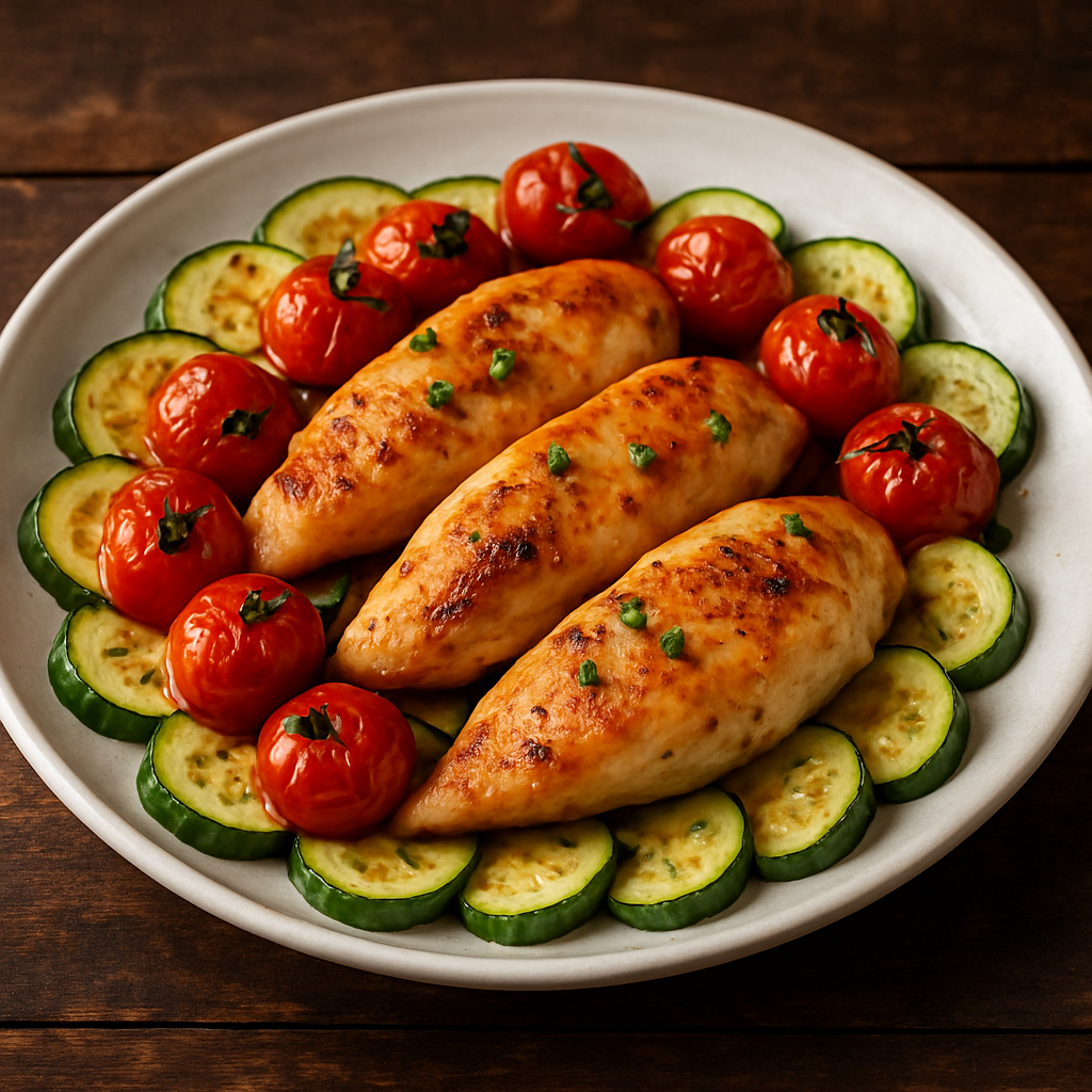 frango sem açúcar para jantar com legumes assados em prato branco