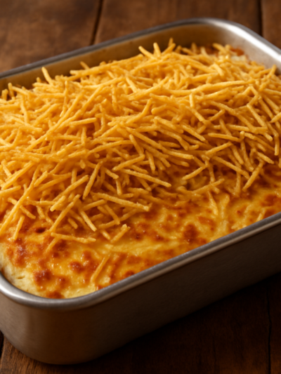 Fricassê de frango cremoso com queijo derretido e batata palha em assadeira