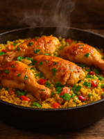 galinhada tradicional brasileira com arroz amarelo de açafrão e frango dourado em panela de ferro