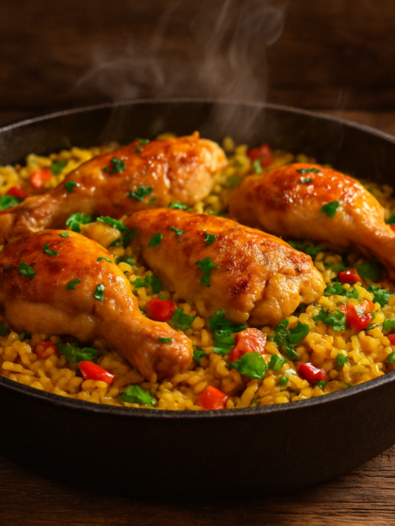galinhada tradicional brasileira com arroz amarelo de açafrão e frango dourado em panela de ferro