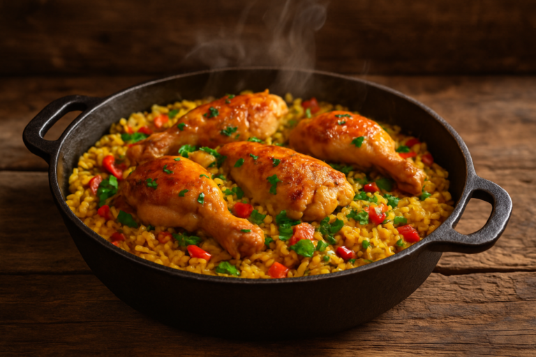 galinhada tradicional brasileira com arroz amarelo de açafrão e frango dourado em panela de ferro