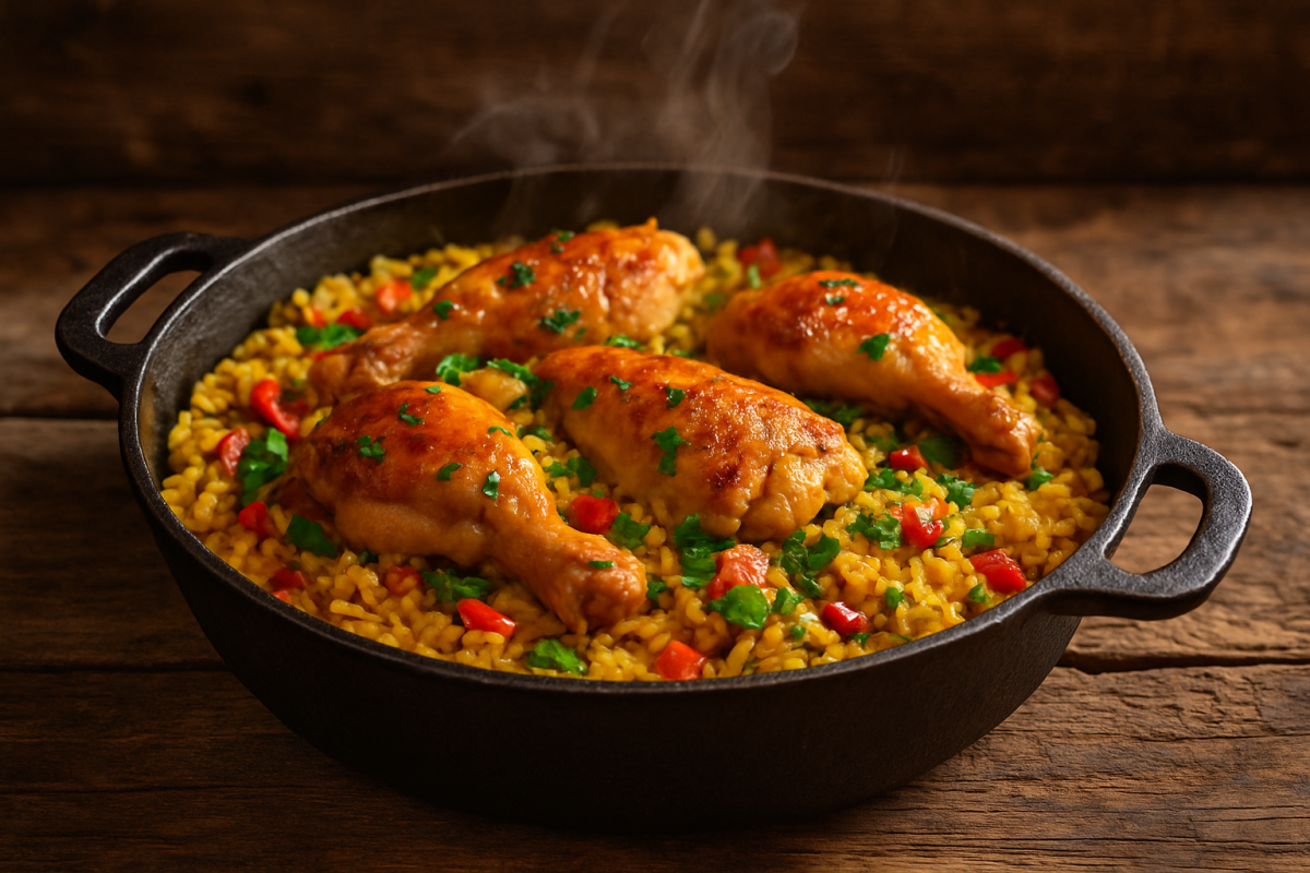 galinhada tradicional brasileira com arroz amarelo de açafrão e frango dourado em panela de ferro