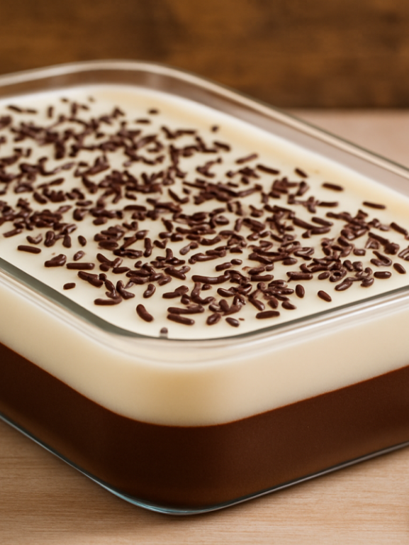 Gelatina de chocolate em duas camadas cremosas — meio amargo e branco — decorada com granulado em travessa de vidro