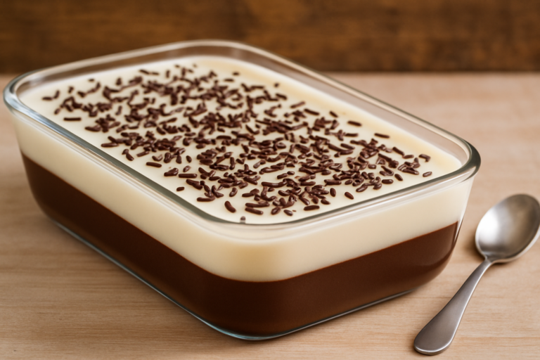Gelatina de chocolate em duas camadas cremosas — meio amargo e branco — decorada com granulado em travessa de vidro