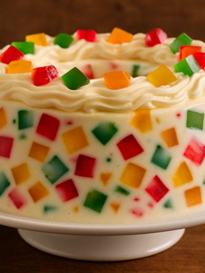 fatia de gelatina divertida com cubinhos coloridos e creme branco em prato branco
