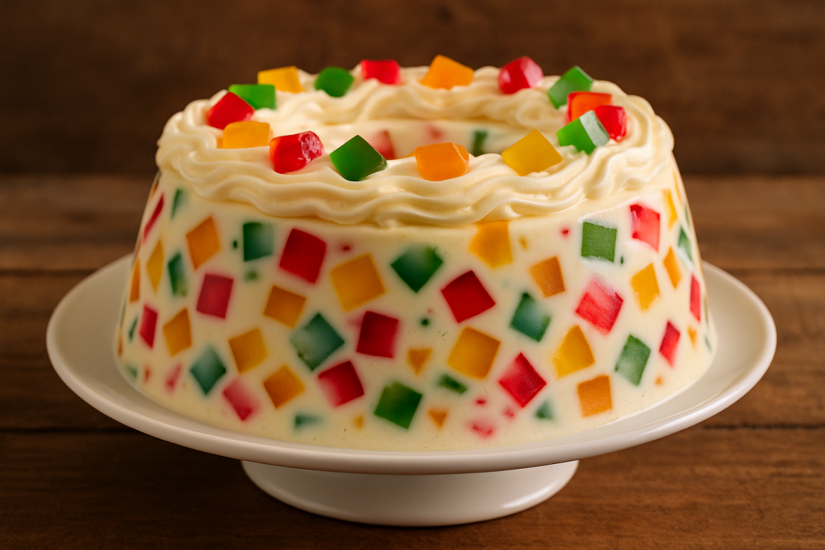 fatia de gelatina divertida com cubinhos coloridos e creme branco em prato branco