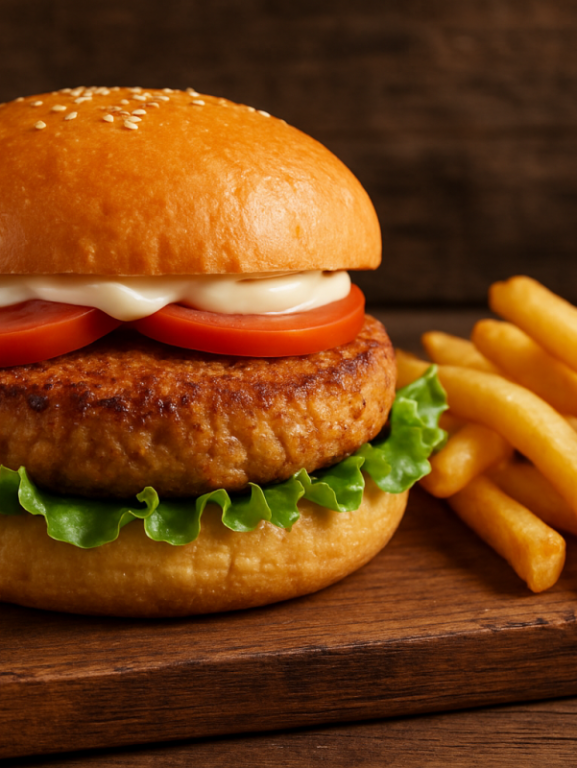 hambúrguer de soja grelhado e dourado montado em pão com salada e tomate