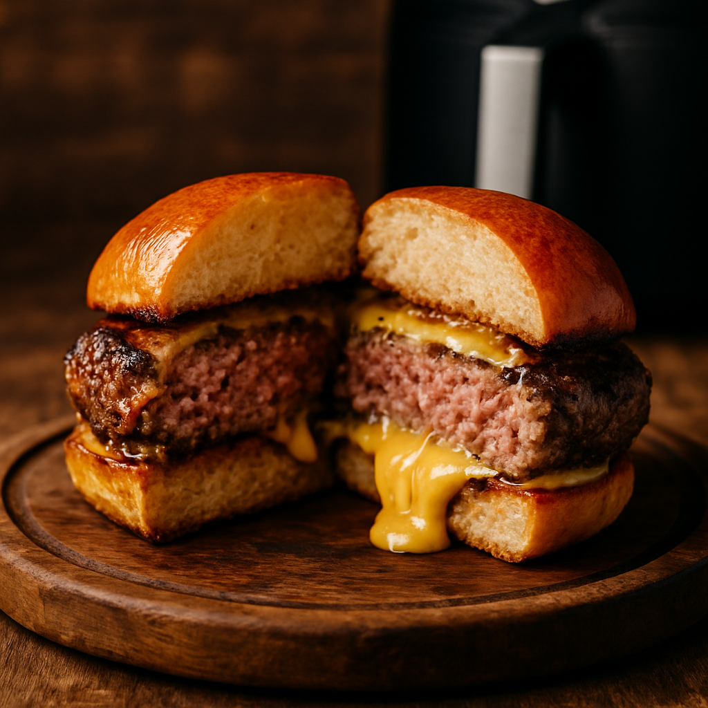 hambúrguer na air fryer caseiro suculento cortado ao meio mostrando o interior rosado