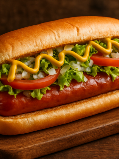 Hot Dog da Maysa com molho encorpado de salsicha, milho, ervilha e repolho dentro de pão, servido em bandeja branca