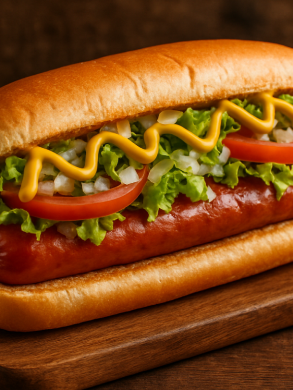 Hot Dog da Maysa com molho encorpado de salsicha, milho, ervilha e repolho dentro de pão, servido em bandeja branca