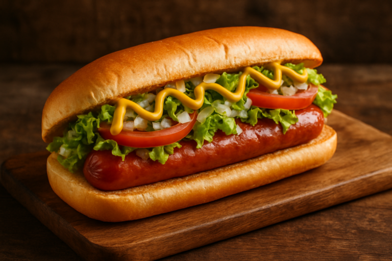 Hot Dog da Maysa com molho encorpado de salsicha, milho, ervilha e repolho dentro de pão, servido em bandeja branca