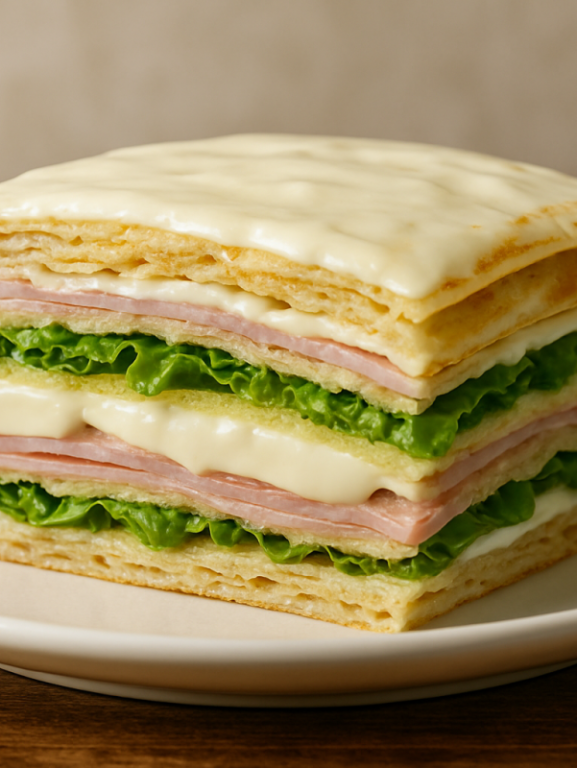 Lanche de panqueca gelado fatiado em prato branco mostrando camadas de presunto, mussarela e salada