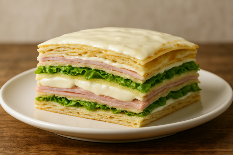 Lanche de panqueca gelado fatiado em prato branco mostrando camadas de presunto, mussarela e salada