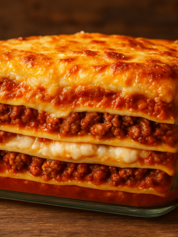 Lasanha de festa cremosa com camadas de bolonhesa, presunto, mussarela e parmesão gratinado em travessa retangular