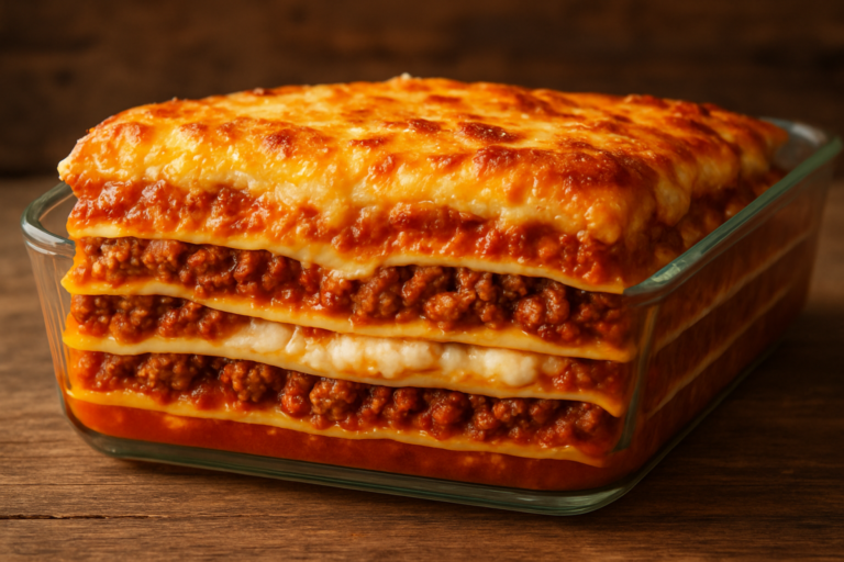 Lasanha de festa cremosa com camadas de bolonhesa, presunto, mussarela e parmesão gratinado em travessa retangular