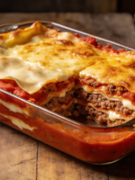 lasanha de verduras cremosa com queijo gratinado dourado em travessa retangular, fatia cortada mostrando camadas de legumes
