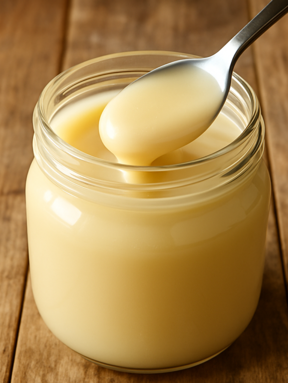 pote de vidro com leite condensado de microondas caseiro cremoso e colher mergulhada