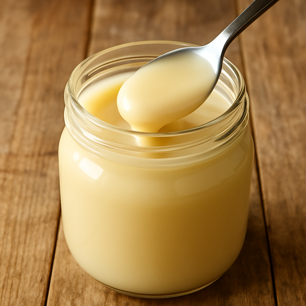 pote de vidro com leite condensado de microondas caseiro cremoso e colher mergulhada