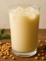 copo de leite nutritivo de soja caseiro branco-amarelado com gelo, servido em copo de vidro com grãos de soja ao fundo