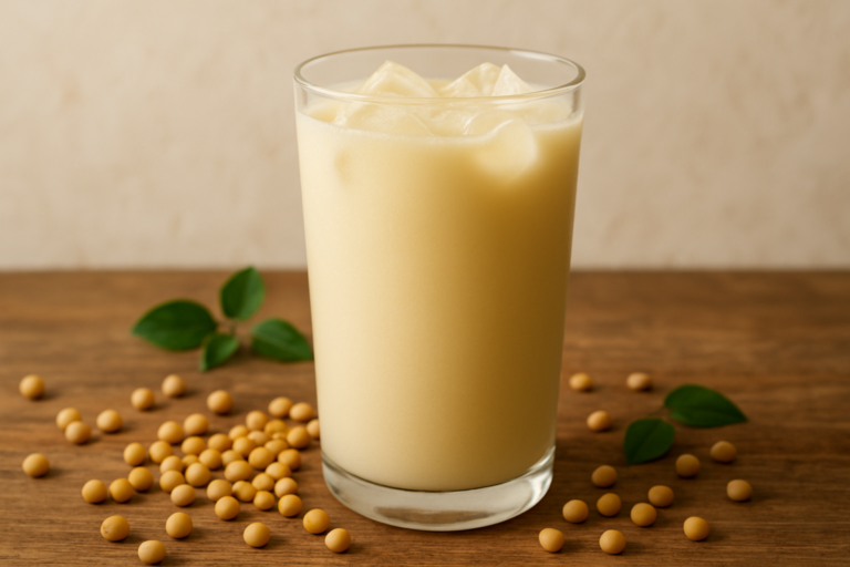 copo de leite nutritivo de soja caseiro branco-amarelado com gelo, servido em copo de vidro com grãos de soja ao fundo