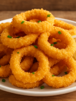 anéis de lula à milanesa crocantes e dourados com cebolinha verde em prato branco