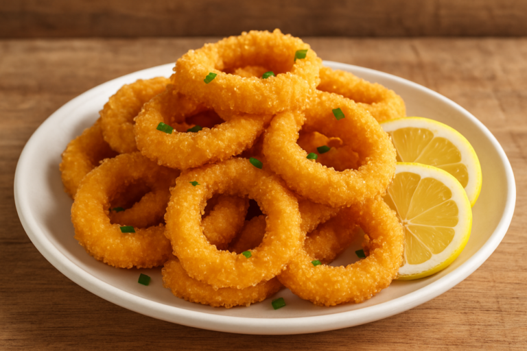 anéis de lula à milanesa crocantes e dourados com cebolinha verde em prato branco