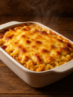macarrão ao forno com bacon e mussarela gratinado em refratário branco com queijo dourado por cima