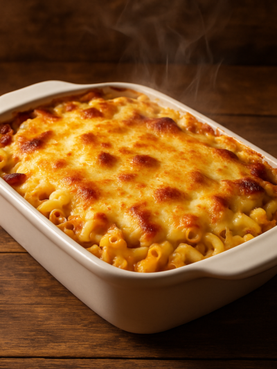 macarrão ao forno com bacon e mussarela gratinado em refratário branco com queijo dourado por cima