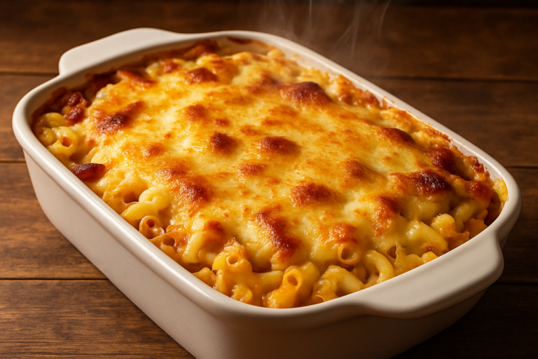 macarrão ao forno com bacon e mussarela gratinado em refratário branco com queijo dourado por cima