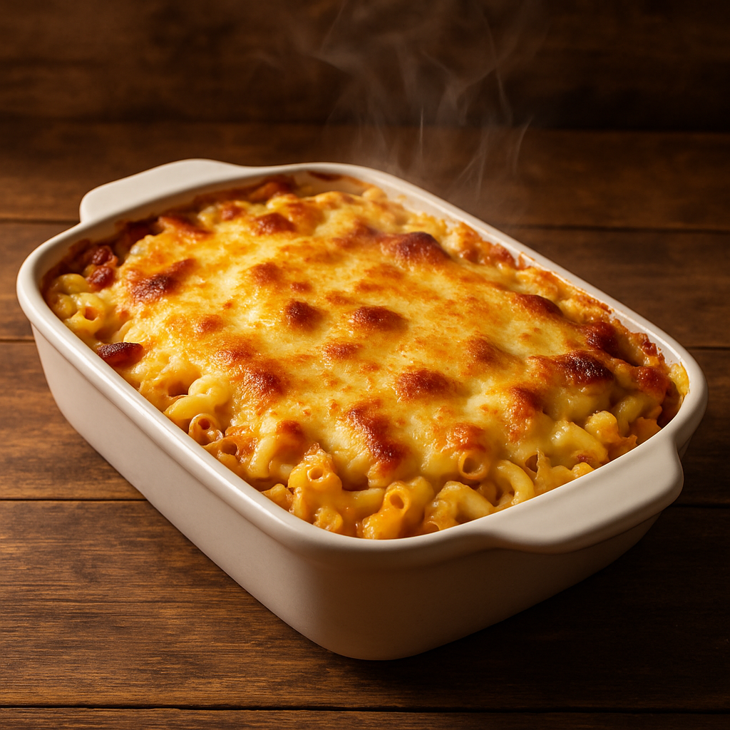 macarrão ao forno com bacon e mussarela gratinado em refratário branco com queijo dourado por cima