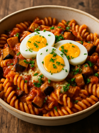 macarrão com berinjela dourada, bacon e mussarela em travessa rústica