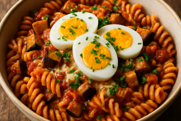 macarrão com berinjela dourada, bacon e mussarela em travessa rústica