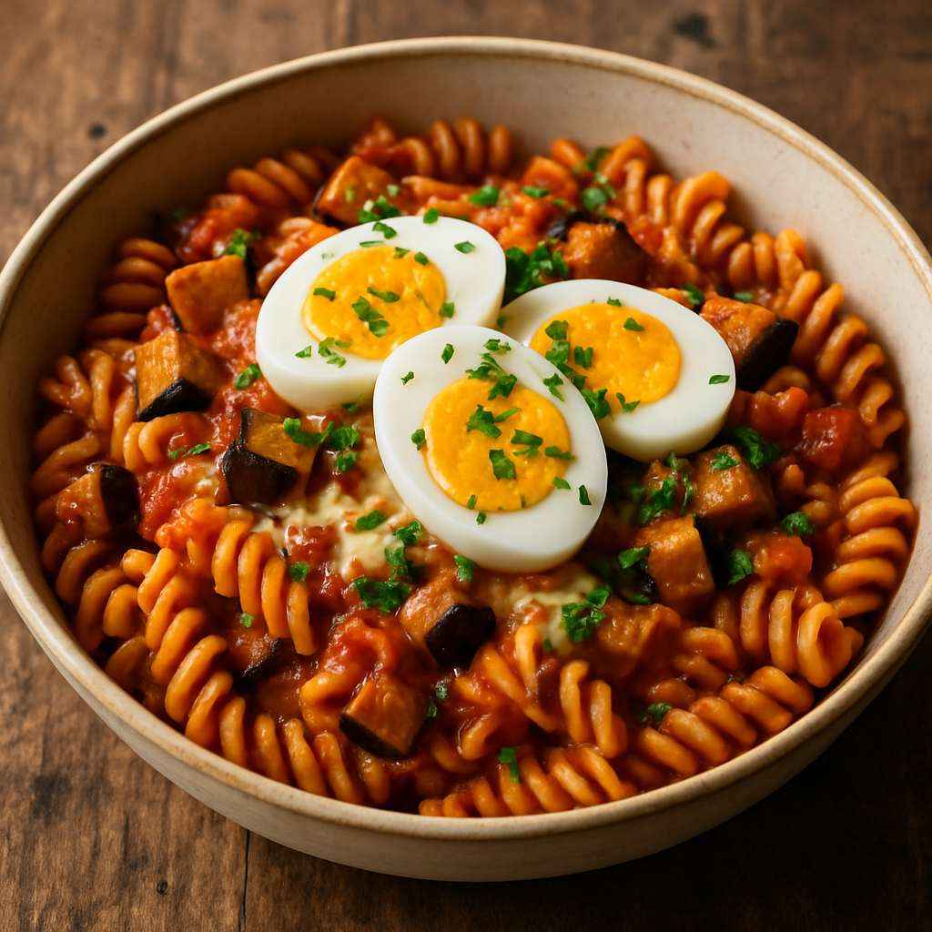 macarrão com berinjela dourada, bacon e mussarela em travessa rústica