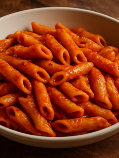 Macarrão com frango cremoso em prato fundo com molho de tomate, milho verde e salsinha