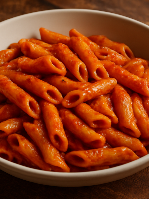 Macarrão com frango cremoso em prato fundo com molho de tomate, milho verde e salsinha