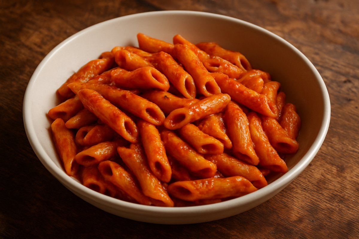 Macarrão com frango cremoso em prato fundo com molho de tomate, milho verde e salsinha