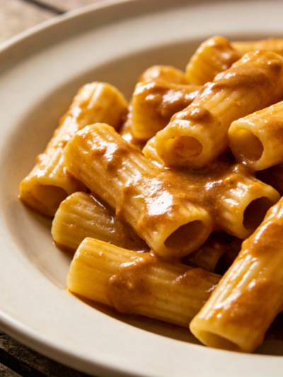 Macarrão da Regina gratinado em pirex com mussarela dourada, presunto e molho de tomate com cenoura