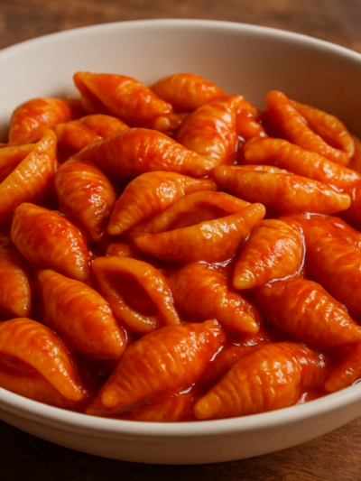 Macarrão da tia Lili com bacon, milho e azeitona ao molho de tomate servido em prato fundo