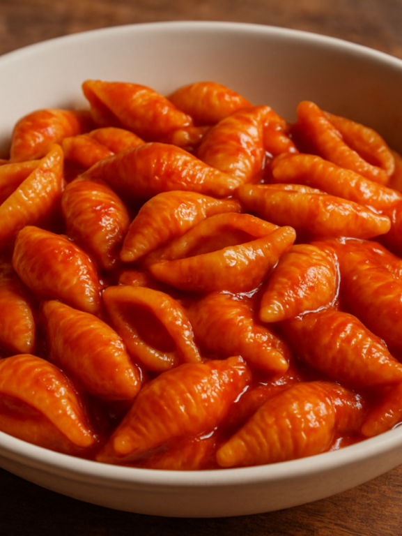 Macarrão da tia Lili com bacon, milho e azeitona ao molho de tomate servido em prato fundo