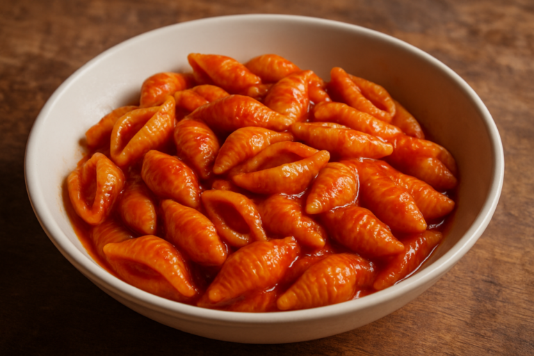 Macarrão da tia Lili com bacon, milho e azeitona ao molho de tomate servido em prato fundo