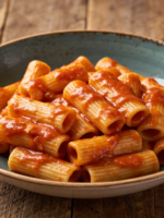 macarrão escaldado no molho red de tomate fresco servido em travessa funda