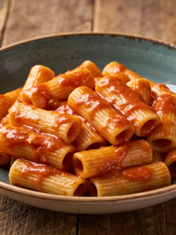 macarrão escaldado no molho red de tomate fresco servido em travessa funda
