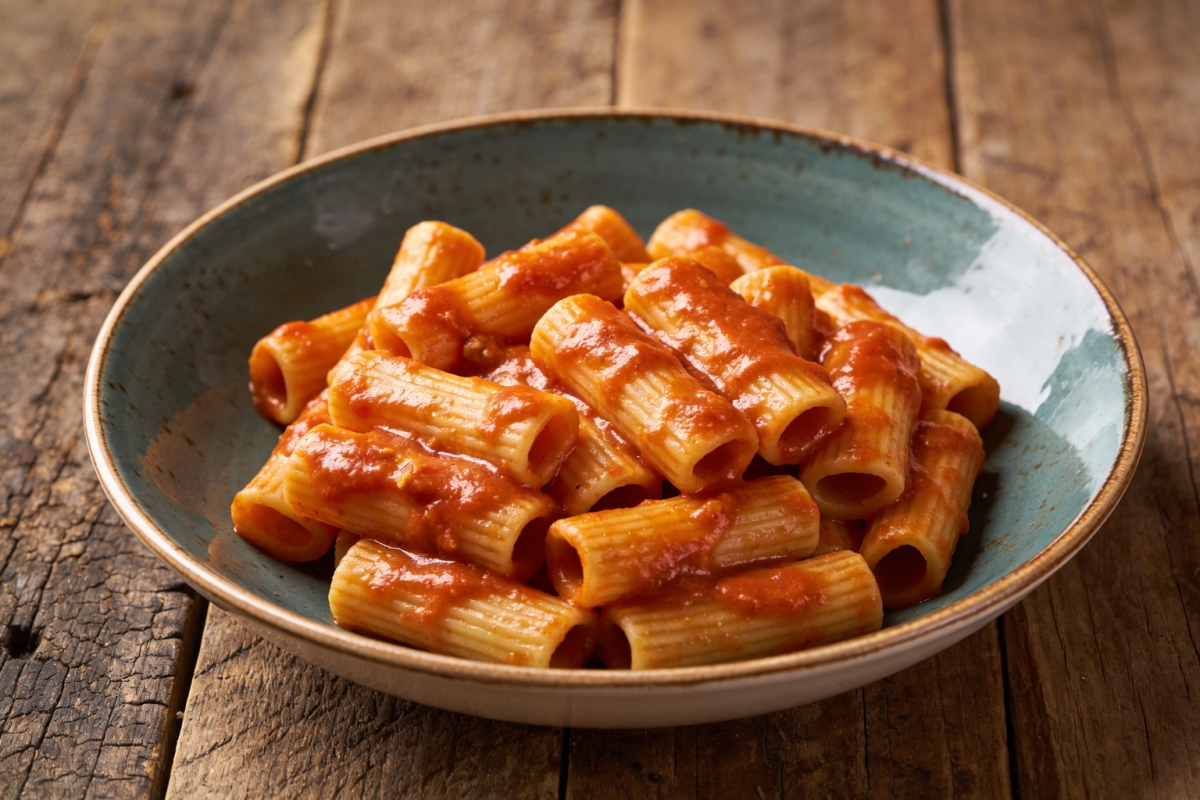 macarrão escaldado no molho red de tomate fresco servido em travessa funda