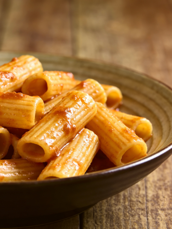 macarrão paranaense cremoso gratinado com calabresa e queijo dourado em travessa branca
