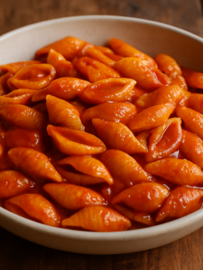 macarrão pizza gratinado com mussarela derretida, linguiça calabresa e tomate em refratário