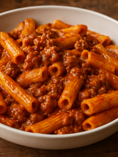 Macarronada à calabresa cremosa gratinada em travessa com parmesão dourado por cima